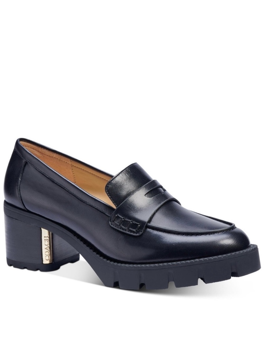 Coach Black Leather Lug Sole Penny Loafer Heel NEVER WORN